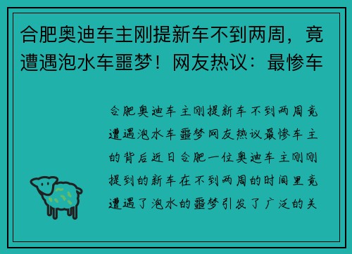 合肥奥迪车主刚提新车不到两周，竟遭遇泡水车噩梦！网友热议：最惨车主